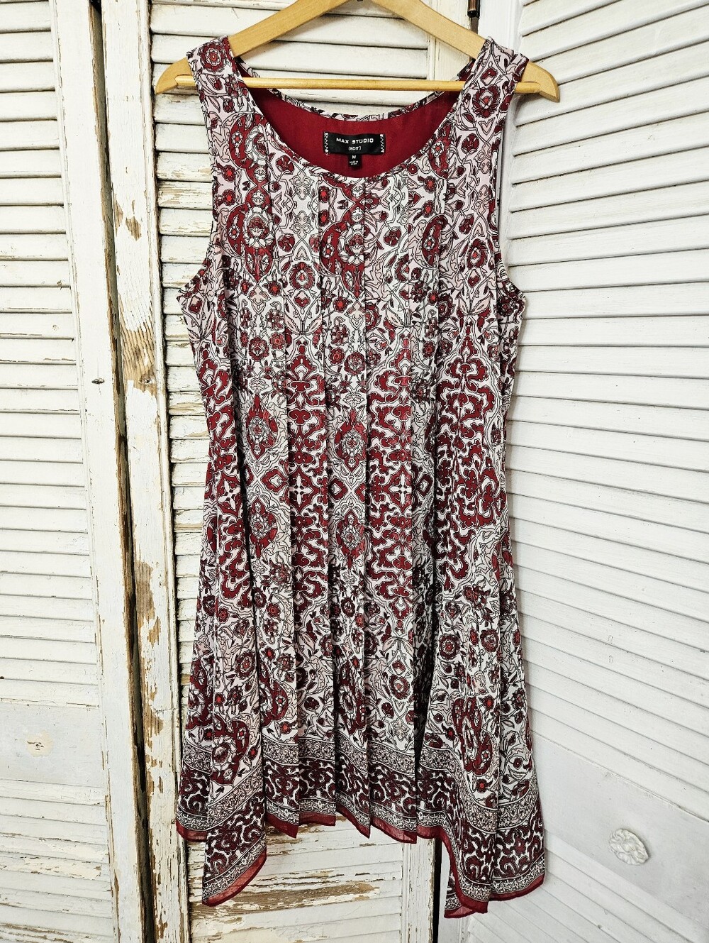 Max Studio Edit Pleated Floral Mosaic Print Dress Handkerchief Hem Boho Medium